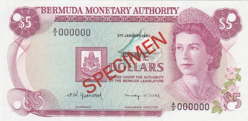 Bermuda, 5 Dollars, 1981, AUNC, p29bs, SPECIMEN
AUNC
Queen Elizabeth II. Potra...