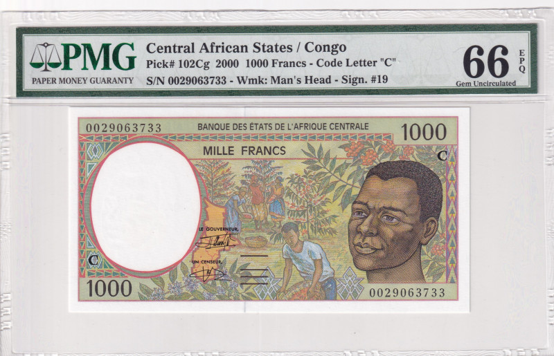 Central African States, 1.000 Francs, 2000, UNC, p102Cg
UNC
PMG 66 EPQ, "C'' C...