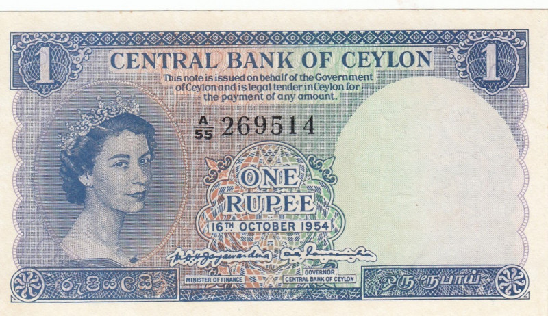 Ceylon, 1 Rupee, 1954, UNC, p49
UNC
Queen Elizabeth II. Potrait
Estimate: USD...