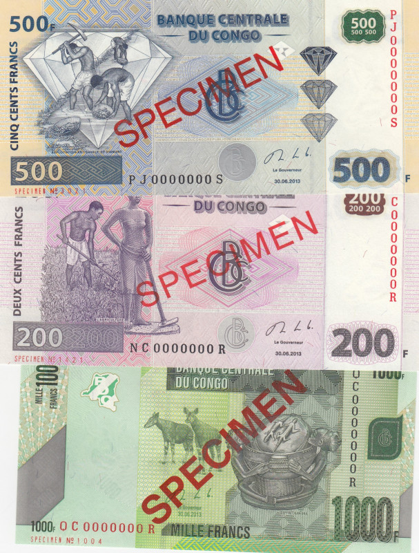 Congo Democratic Republic, 200-500-1.000 Francs, 2013, UNC, p96s; p99s; p101s, S...