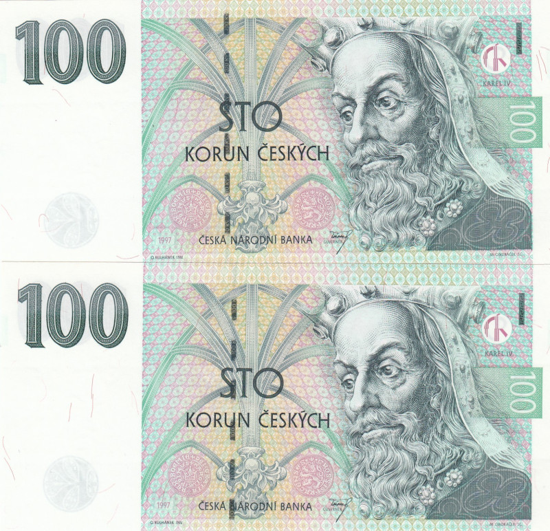 Czech Republic, 100 Korun, 1997, UNC, p18f, (Total 2 consecutive banknotes)
UNC...