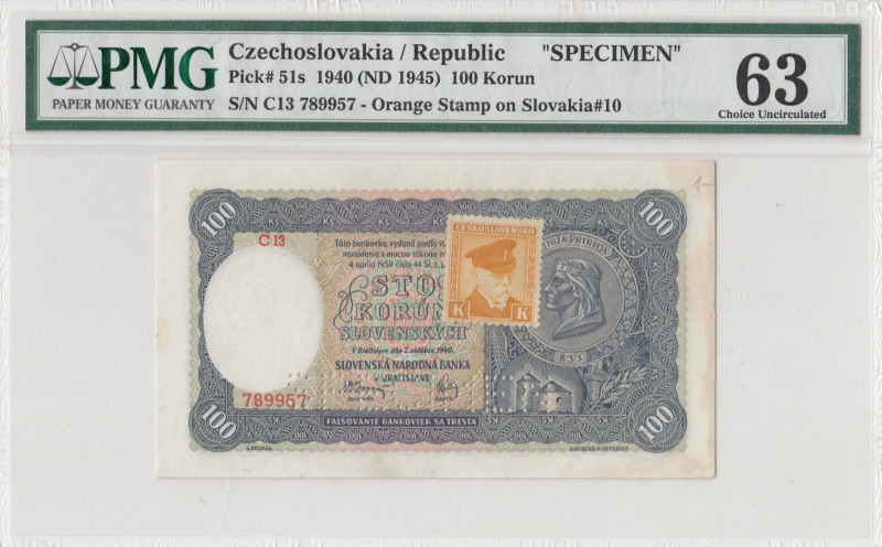 Czechoslovakia, 100 Korun, 1945, UNC, p51s, SPECIMEN
UNC
PMG 63
Estimate: USD...