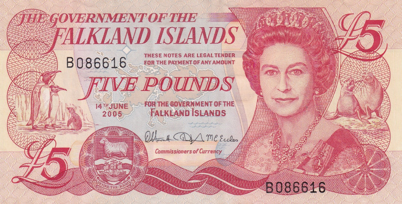 Falkland Islands, 5 Pounds, 2005, UNC, p17a
UNC
Queen Elizabeth II. Potrait
E...