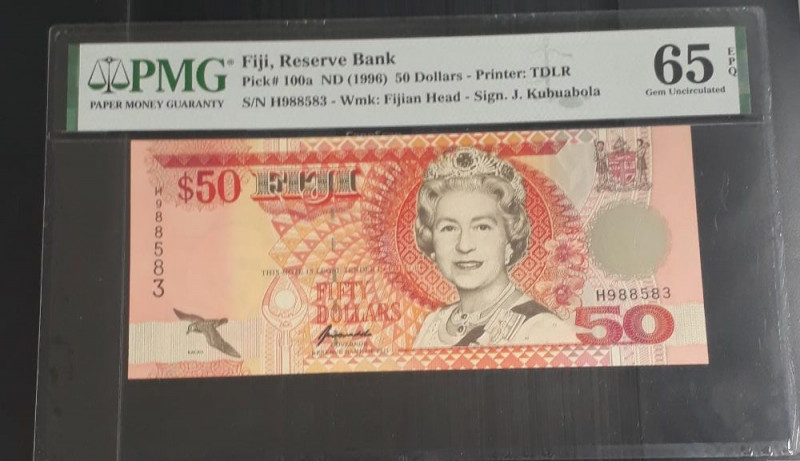 Fiji, 50 Dollars, 1996, UNC, p100a
UNC
PMG 65 EPQ, Queen Elizabeth II. Potrait...