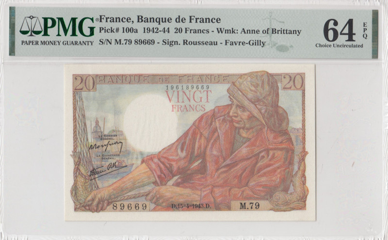 France, 20 Francs, 1942/1944, UNC, p100a
UNC
PMG 64 EPQ
Estimate: USD 100-200