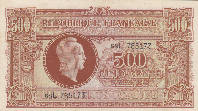 France, 500 Francs, 1944, XF, p106
XF
It has punch holes. Rust around staple h...