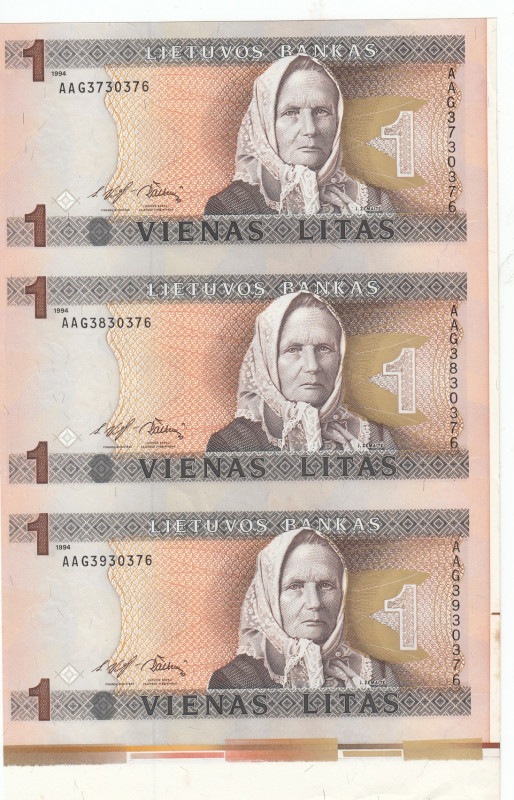 Lithuania, 1 Litas, 1994, UNC, p53a, (Total 3 banknotes)
UNC
In 3 blocks. Uncu...