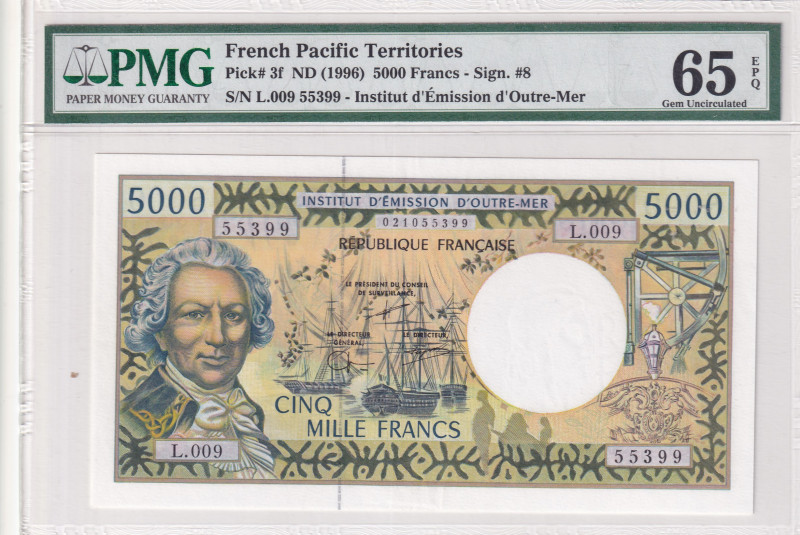 French Pacific Territories, 5.000 Francs, 1996, UNC, p3f
UNC
PMG 65 EPQ
Estim...