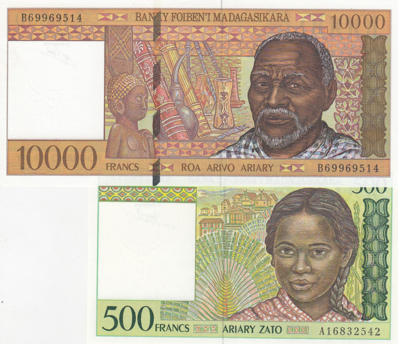 Madagascar, 500-10.000 Francs, 1994/1995, UNC, p75; p79, (Total 2 banknotes)
UN...