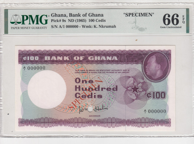 Ghana, 100 Cedis, 1965, UNC, p9s, SPECIMEN
UNC
PMG 66 EPQ
Estimate: USD 250-5...