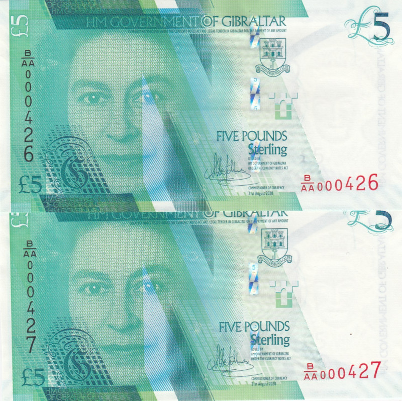 Gibraltar, 5 Pounds, 2020, UNC, p42, (Total 2 consecutive banknotes)
UNC
Low S...