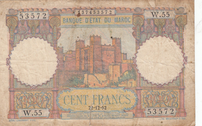 Morocco, 100 Francs, 1952, FINE, p45
FINE
There are large tears, Split, stains...