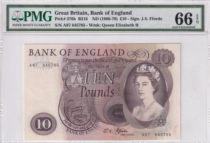 Great Britain, 10 Pounds, 1966/1970, UNC, p376b
UNC
PMG 66 EPQ, Queen Elizabet...