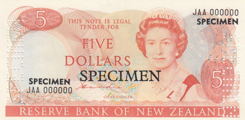 New Zealand, 5 Dollars, 1981/1992, UNC(-), p171as, SPECIMEN
UNC(-)
Queen Eliza...