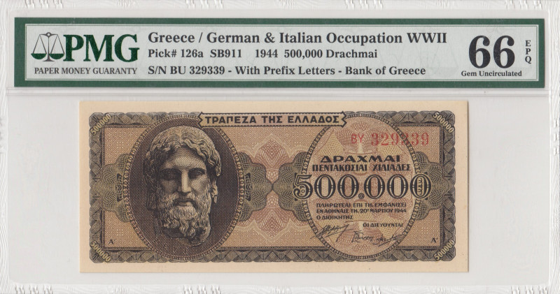 Greece, 500.000 Drachmai, 1944, UNC, p126a
UNC
PMG 66 EPQ, German & Italian Oc...