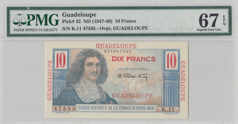 Guadeloupe, 10 Francs, 1947/1949, UNC, p32
UNC
PMG 67 EPQ, High condition 
Es...