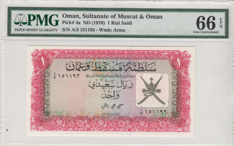 Oman, 1 Rial Saidi, 1970, UNC, p4a
UNC
PMG 66 EPQ
Estimate: USD 150-300