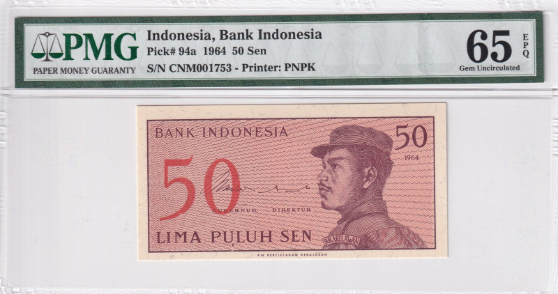 Indonesia, 50 Sen, 1964, UNC, p94a
UNC
PMG 65 EPQ
Estimate: USD 20-40