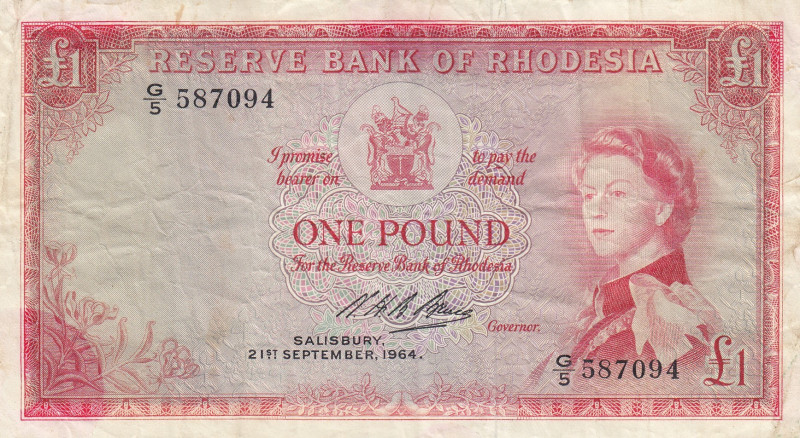 Rhodesia, 1 Pound, 1964, VF, p25a
VF
Queen Elizabeth II. Potrait, Stained
Est...