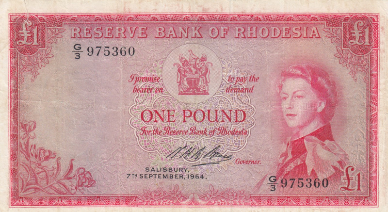 Rhodesia, 1 Pound, 1964, VF, p25a
VF
Queen Elizabeth II. Potrait, Split, rips ...