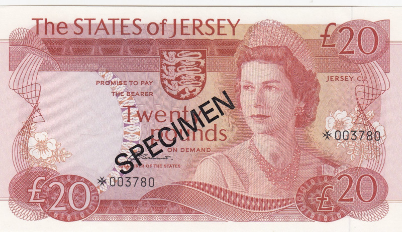 Jersey, 20 Pounds, 1976/1988, UNC, p14CS1, SPECIMEN
UNC
Queen Elizabeth II. Po...