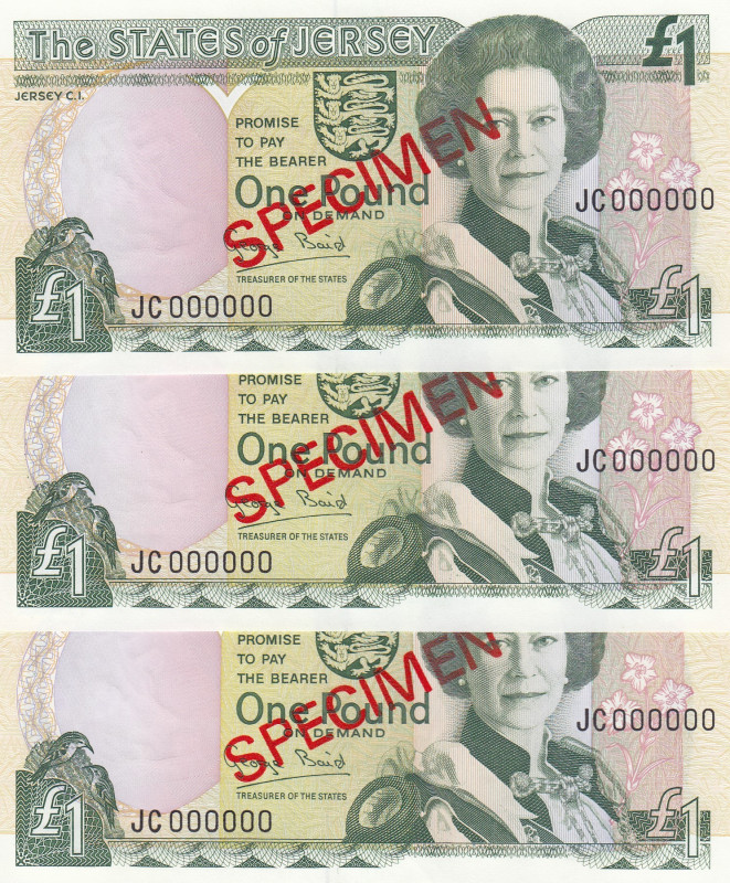 Jersey, 1 Pound, 1993, UNC, p20s, SPECIMEN
UNC
(Total 3 banknotes), Queen Eliz...