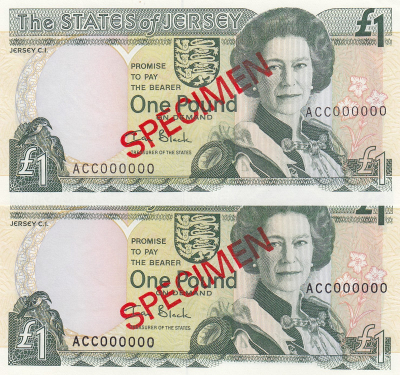 Jersey, 1 Pound, 2000, UNC, p26bs, SPECIMEN
UNC
(Total 2 banknotes), Queen Eli...