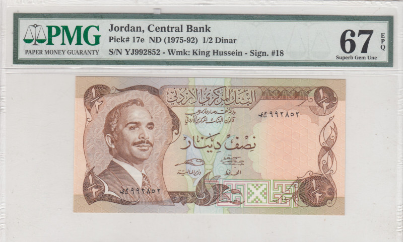 Jordan, 1/2 Dinar, 1975/1992, UNC, p17e
UNC
PMG 67 EPQ, High condition 
Estim...