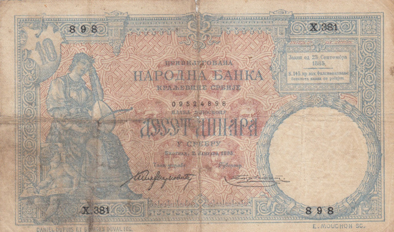 Serbia, 10 Dinara, 1893, FINE, p10
FINE
Split, rips and stains
Estimate: USD ...