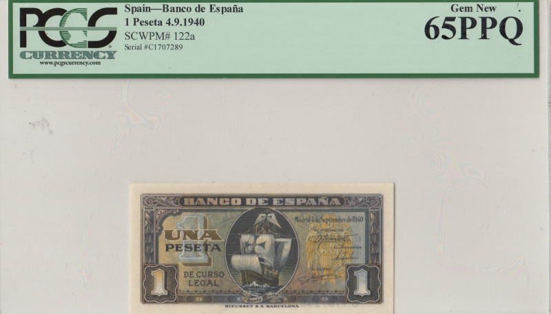 Spain, 1 Peseta, 1940, UNC, p122a
UNC
PCGS 65 PPQ
Estimate: USD 75-150