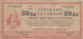 Suriname, 50 Cent=1/2Gulden, 1942, FINE, p104c
FINE
There are pencil writing, openings, stains
Estimate: USD 30-60