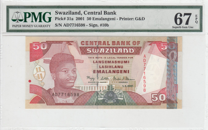 Swaziland, 50 Emalangeni, 2001, UNC, p31a
UNC
PMG 67 EPQ, High condition 
Est...