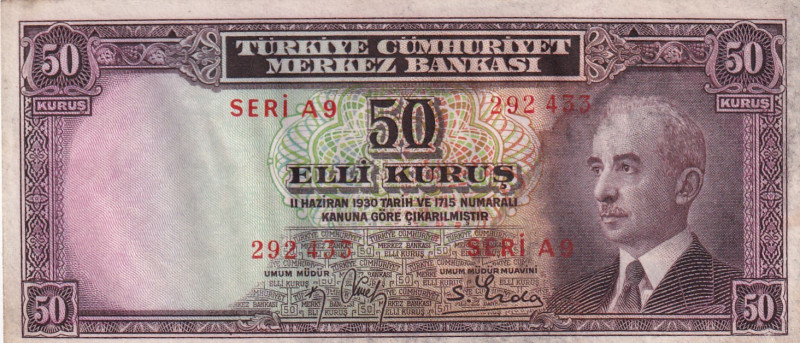 Turkey, 50 Kurush, UNC, p133, 2.Emission
UNC
İsmet İnönü portrait
Estimate: U...