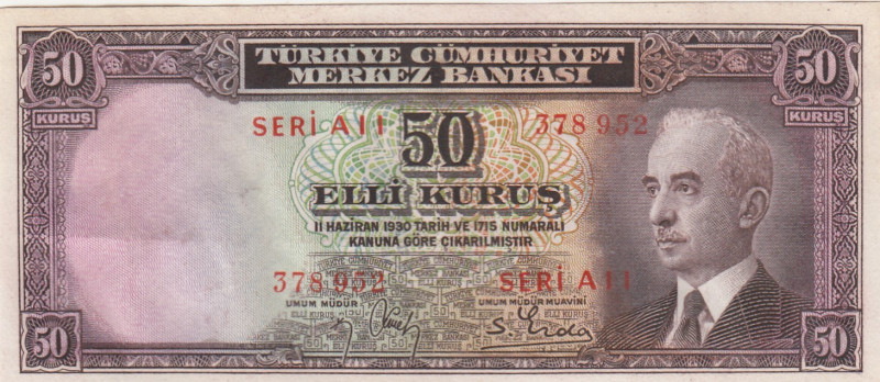 Turkey, 50 Kurush, UNC, p133, 2.Emission
UNC
İsmet İnönü portrait
Estimate: U...