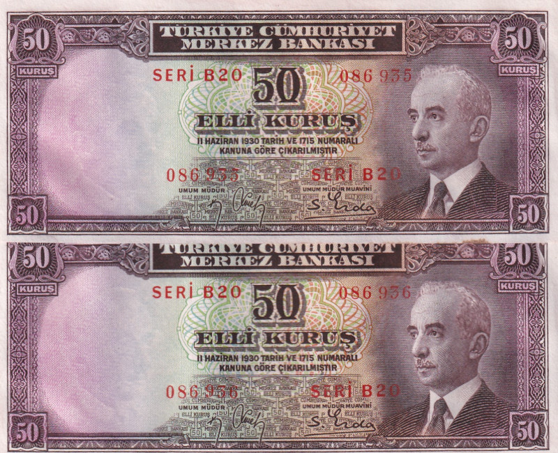 Turkey, 50 Kurush, UNC, p133, 2.Emission
UNC
(Total 2 consecutive banknotes)
...