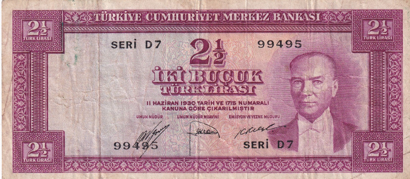 Turkey, 2 1/2 Lira, 1952, VF, p150, 5.Emission
VF
Estimate: USD 30-60