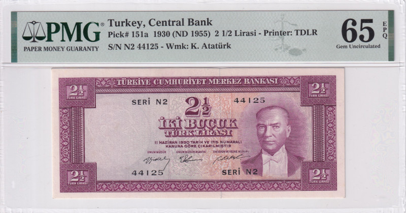 Turkey, 2 1/2 Lira, 1955, UNC, p151, 5.Emission
UNC
PMG 65 EPQ
Estimate: USD ...