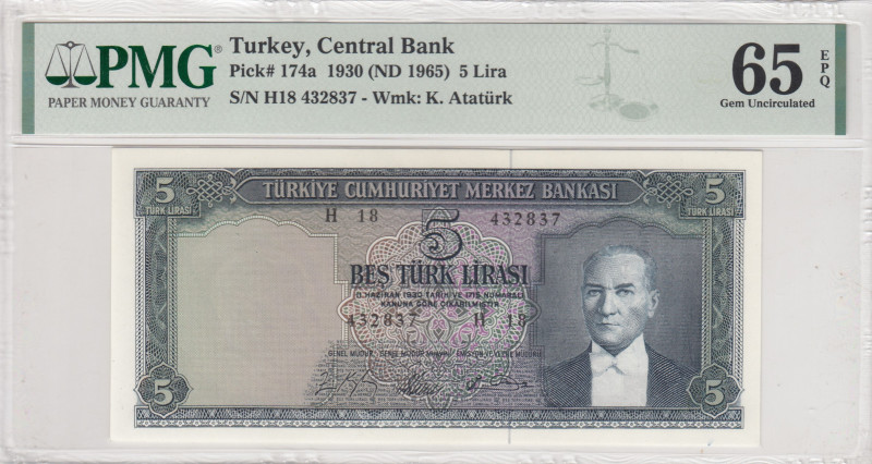 Turkey, 5 Lira, 1965, UNC, p174a, 5.Emission
UNC
PMG 65 EPQ
Estimate: USD 250...