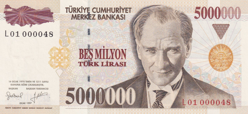 Turkey, 5.000.000 Lira, 1997, UNC, p210b, 7.Emission
UNC
Top 100 Serial Number...