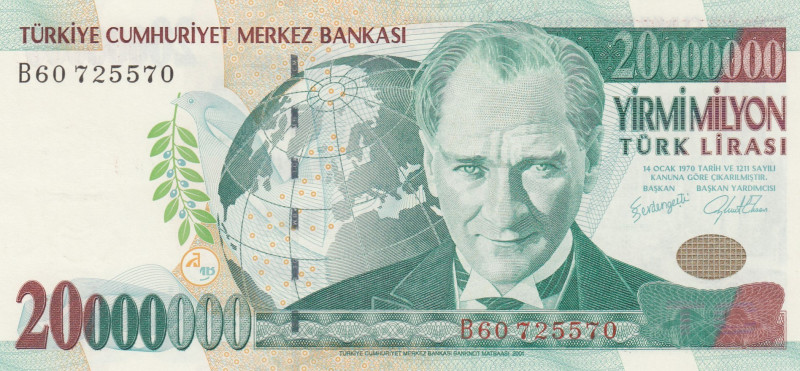 Turkey, 20.000.000 Lira, 2001, UNC, p215, 7.Emission
UNC
Estimate: USD 25-50