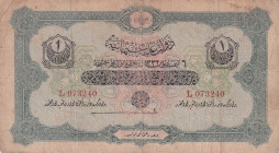 Turkey, Ottoman Empire, 1 Livre, 1916, FINE, p90b, Talat / Janko
FINE
V. Mehmed Reşad period, AH: 6 August 1332, sign: Talat/ Janko, There are stain...