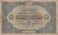 Turkey, Ottoman Empire, 5 Livres, 1917, FINE(-), p104, Cavid / Hüseyin Cahid
FINE(-)
V. Mehmed Reşad Period, AH: 28 March 1333,sign: Cavid / Hüseyin...