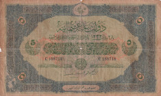 Turkey, Ottoman Empire, 5 Livres, 1917, FINE(-), p104, Cavid / Hüseyin Cahid
FINE(-)
V. Mehmed Reşad Period, AH: 28 March 1333,sign: Cavid / Hüseyin...