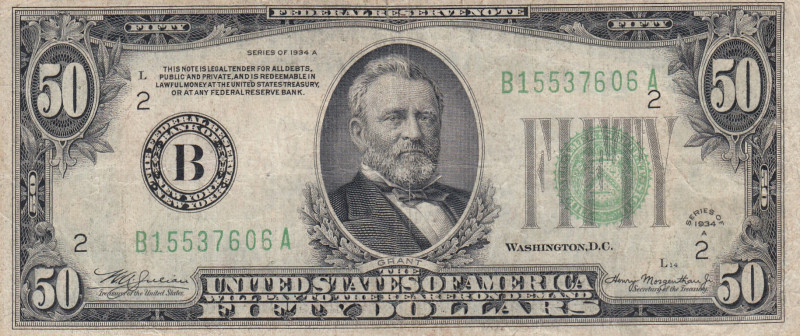 United States of America, 50 Dollars, 1934, FINE, p432Da
FINE
There are pinhol...