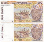 West African States, 1.000 Francs, 1999, UNC, p111Ai, (Total 2 consecutive banknotes)
UNC
Estimate: USD 20-40