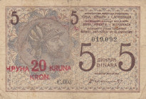 Yugoslavia, 20 Kron, 1919, FINE, p16a
FINE
Kingdom of Serbs, Croats and Slovenes, There are stains and split
Estimate: USD 50-100
