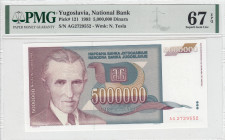 Yugoslavia, 5.000.000 Dinara, 1993, UNC, p121
UNC
PMG 67 EPQ, High condition 
Estimate: USD 25-50