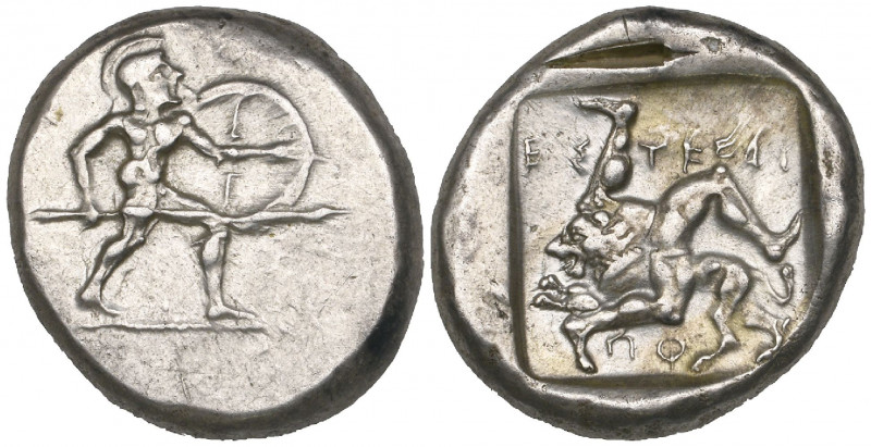 Pamphylia, Aspendos, stater, c. 450 BC, helmeted warrior advancing right with sh...