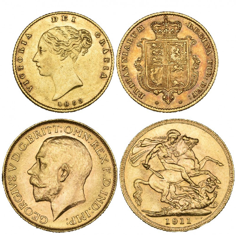 Victoria, young head, half-sovereign, 1853 (S. 3589), good very fine; George V, ...