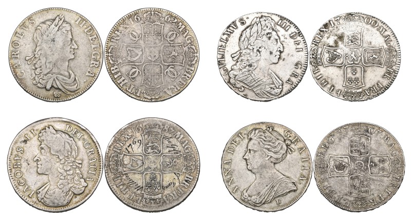 Charles II, crown, 1662, rose below bust (S. 3350); James II, crown, 1687 TERTIO...